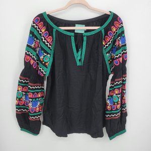 Judith March Top Womens Large Black Embroidered Long Sleeve Tunic Boho Blouse